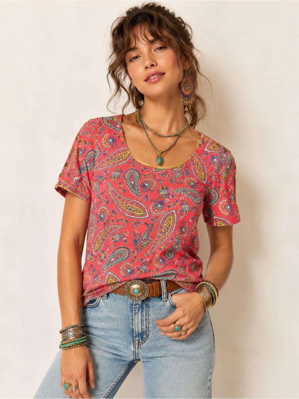 Rafaella Soft Cotton Paisley Knit Top Allover Vintage Inspired Mod Boho Kitschy